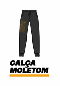 Produzido em malha, moletons 2 ou 3 cabos flanelado ou moletinho. Impressão da arte em silkscreen ou bordado. Modelos em jogger ou esportiva. Femininas ou masculinas.